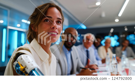 Person with a prosthetic arm giving a presentation to colleagues in a boardroom 124792800