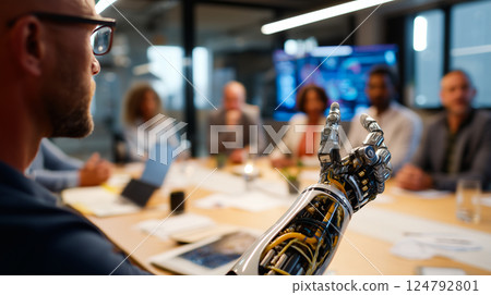 Person with a prosthetic arm giving a presentation to colleagues in a boardroom Person with a prosthetic arm giving a presentation to colleagues in a boardroom 124792801