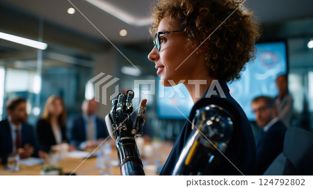 Person with a prosthetic arm giving a presentation to colleagues in a boardroom 124792802