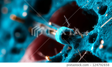 Extreme close-up of a single nanobot repairing a micro-crack in tooth enamel, intricate machinery 124792838