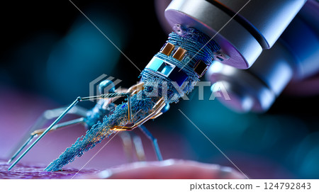 Extreme close-up of a single nanobot repairing a micro-crack in tooth enamel, intricate machinery 124792843