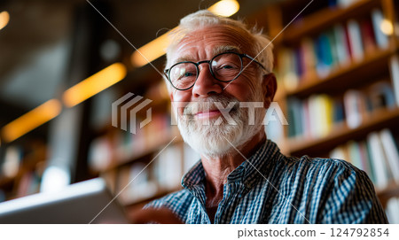 Elderly man attending an online course on a tablet, 124792854