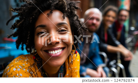 Portrait of a smiling wheelchair user with friends, confident and beautiful, empowering, artistic, inclusivity and friendship 124792874