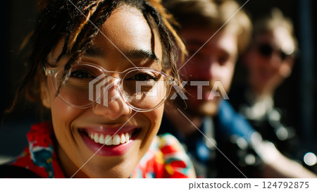 Portrait of a smiling wheelchair user with friends, confident and beautiful, empowering, artistic, inclusivity and friendship 124792875