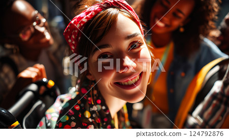 Portrait of a smiling wheelchair user with friends, confident and beautiful, empowering, artistic, inclusivity and friendship 124792876