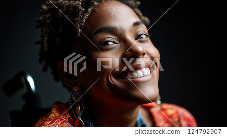 Portrait of a smiling wheelchair user, confident and beautiful, empowering Portrait of a smiling wheelchair user, confident and beautiful, empowering 124792907