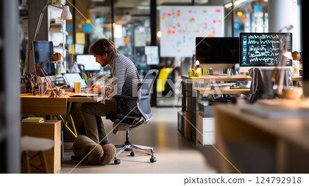 Female psychologist and little boy playing with xylophone in office. World Autism Awareness Day 124792918