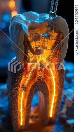 Nanobots rebuilding dentin structure from within a tooth cavity, cross-section view Nanobots rebuilding dentin structure from within a tooth cavity, cross-section view 124792945
