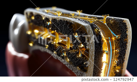 Nanobots rebuilding dentin structure from within a tooth cavity, cross-section view 124792947