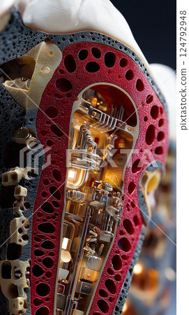Nanobots rebuilding dentin structure from within a tooth cavity, cross-section view 124792948