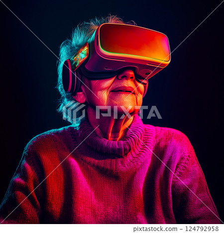 Elderly woman wearing VR headset 124792958