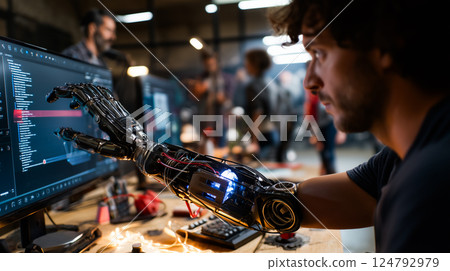Person with a prosthetic arm using 3D modeling software in a creative studio 124792979