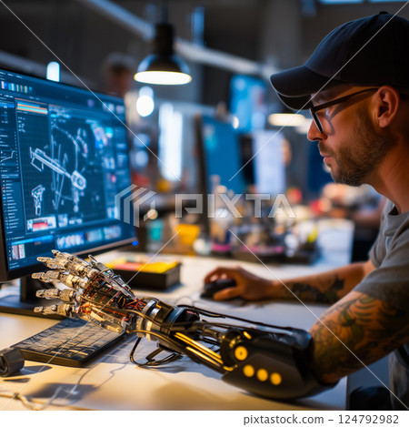 Person with a prosthetic arm using 3D modeling software in a creative studio 124792982