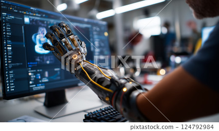 Person with a prosthetic arm using 3D modeling software in a creative studio 124792984