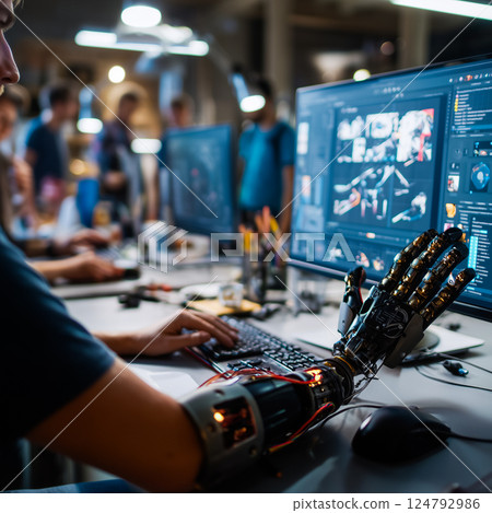 Person with a prosthetic arm using 3D modeling software in a creative studio 124792986