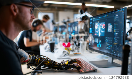 Person with a prosthetic arm using 3D modeling software in a creative studio 124792988