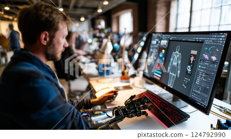 Person with a prosthetic arm using 3D modeling software in a creative studio 124792990
