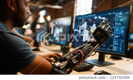 Person with a prosthetic arm using 3D modeling software in a creative studio Person with a prosthetic arm using 3D modeling software in a creative studio 124792994