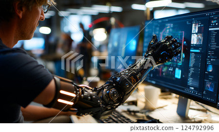 Person with a prosthetic arm using 3D modeling software in a creative studio Person with a prosthetic arm using 3D modeling software in a creative studio 124792996