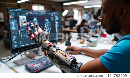 Person with a prosthetic arm using 3D modeling software in a creative studio 124792999