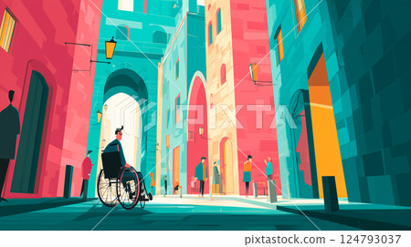 Wheelchair user exploring historical city architecture; vibrant colors. Wheelchair user exploring historical city architecture; vibrant colors. 124793037