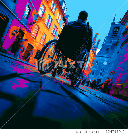 Wheelchair user exploring historical city architecture; vibrant colors. 124793041