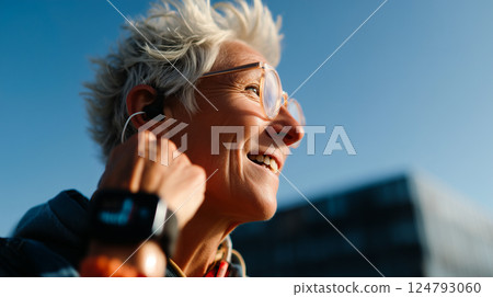Senior woman with a hearing aid effortlessly using a smartwatch to track her fitness, active lifestyle. 124793060