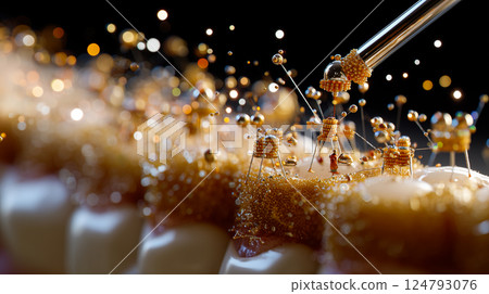Microscopic nanobots meticulously cleaning plaque from a human tooth surface, detailed macro view 124793076