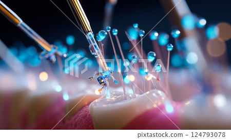 Microscopic nanobots meticulously cleaning plaque from a human tooth surface, detailed macro view 124793078