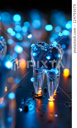 Microscopic nanobots meticulously cleaning plaque from a human tooth surface, detailed macro view 124793079