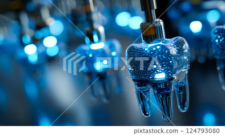 Microscopic nanobots meticulously cleaning plaque from a human tooth surface, detailed macro view 124793080