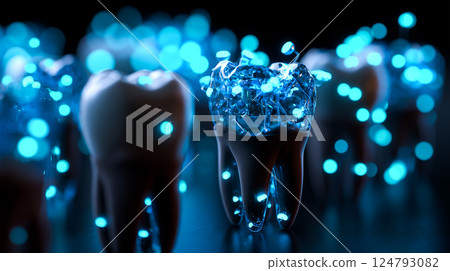 Microscopic nanobots meticulously cleaning plaque from a human tooth surface, detailed macro view 124793082