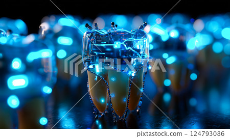 Microscopic nanobots meticulously cleaning plaque from a human tooth surface, detailed macro view 124793086