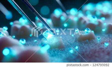 Microscopic nanobots meticulously cleaning plaque from a human tooth surface, detailed macro view 124793092