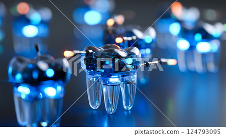 Microscopic nanobots meticulously cleaning plaque from a human tooth surface, detailed macro view Microscopic nanobots meticulously cleaning plaque from a human tooth surface, detailed macro view 124793095