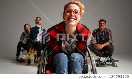 Portrait of a smiling wheelchair user with friends, confident and beautiful 124793109