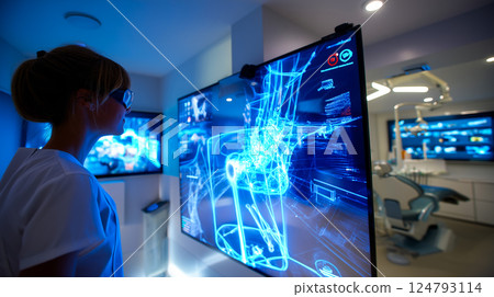 A dentist observing a holographic display showing real-time nanobot activity within a patient's mouth 124793114