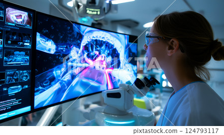 A dentist observing a holographic display showing real-time nanobot activity within a patient's mouth 124793117