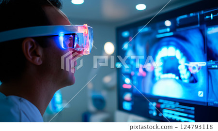 A dentist observing a holographic display showing real-time nanobot activity within a patient's mouth 124793118