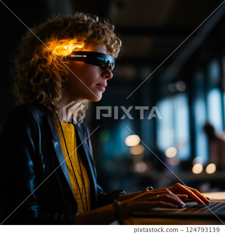 Blind woman using a screen reader in a modern office, confidently working on a laptop 124793139