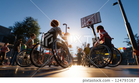 Wheelchair user playing basketball with friends 124793167