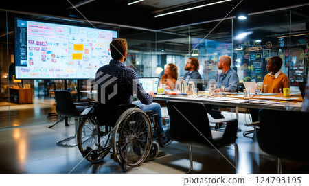 Wheelchair user giving a presentation to colleagues in a boardroom, confident and professional, diverse team, modern office Wheelchair user giving a presentation to colleagues in a boardroom, confident and professional, diverse team, modern office 124793195