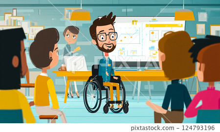 Wheelchair user giving a presentation to colleagues in a boardroom, confident and professional, diverse team, modern office Wheelchair user giving a presentation to colleagues in a boardroom, confident and professional, diverse team, modern office 124793196