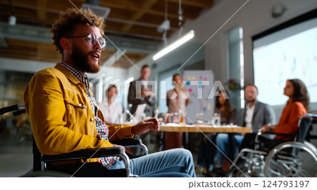 Wheelchair user giving a presentation to colleagues in a boardroom, confident and professional, diverse team, modern office Wheelchair user giving a presentation to colleagues in a boardroom, confident and professional, diverse team, modern office 124793197