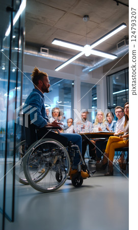 Wheelchair user giving a presentation to colleagues in a boardroom, confident and professional, diverse team, modern office Wheelchair user giving a presentation to colleagues in a boardroom, confident and professional, diverse team, modern office 124793207