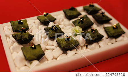 Luxurious matcha-infused dessert with a velvety green coating Luxurious matcha-infused dessert with a velvety green coating 124793318