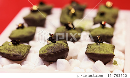 Luxurious matcha-infused dessert with a velvety green coating 124793320