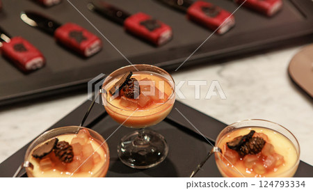 Elegant gourmet dessert served in delicate glassware 124793334