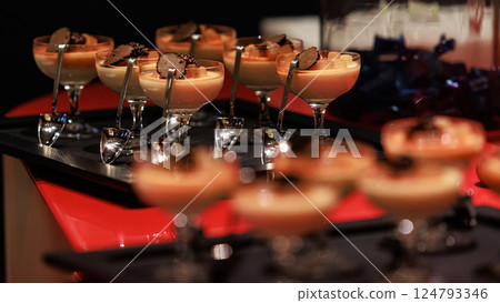 Elegant gourmet dessert served in delicate glassware 124793346