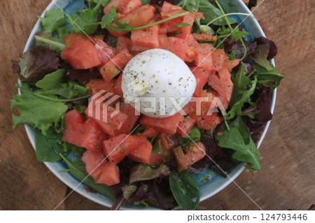 fresh salad of italian buffala burrata with tomatoes fresh salad of italian buffala burrata with tomatoes 124793446